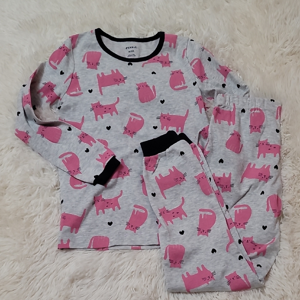 Pekkle, Pink and Gray Pajama Set, Playful Cat Pattern, Girls, Size 6, Cotton